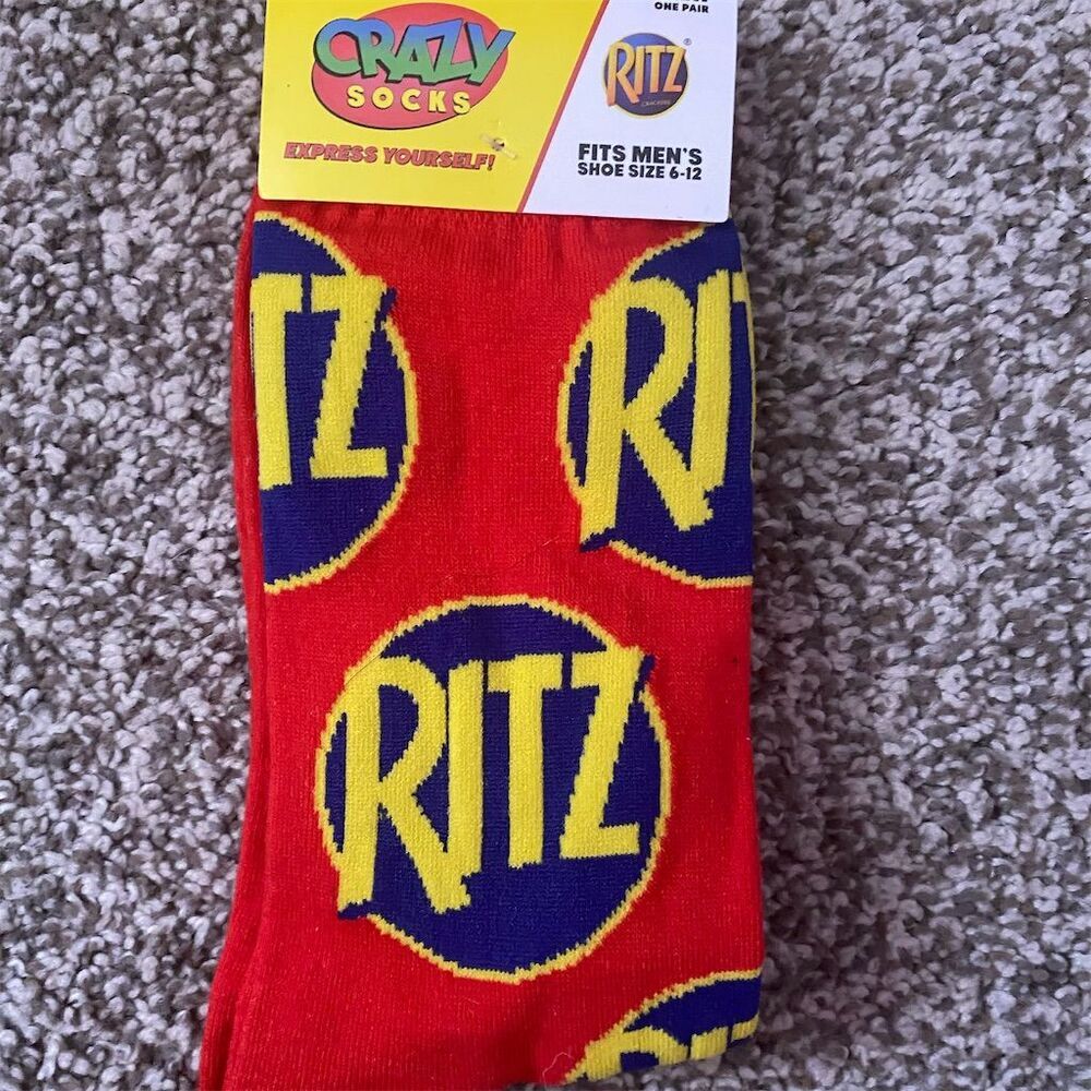 Crazy Socks Men's Ritz Crackers Crew Socks Red Fits Shoe Size 6-12